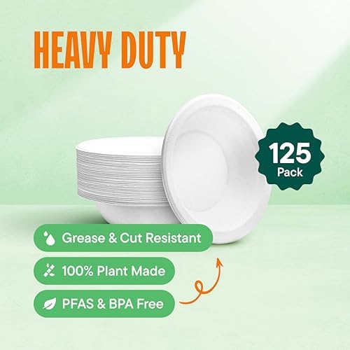 100% Compostable Paper Bowls - 12 oz [125-Pack] Heavy Duty Soup Bowls