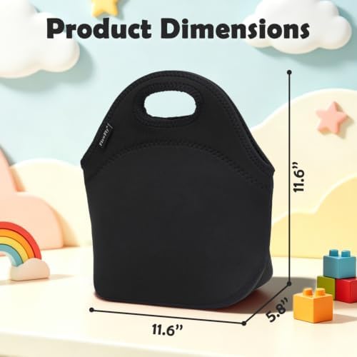 FlowFly Neoprene kids Lunch box Insulated Soft Bag Mini Cooler Thermal Meal Tote Kit for Boys, Girls,Men,Women,School,Work, Office,Black