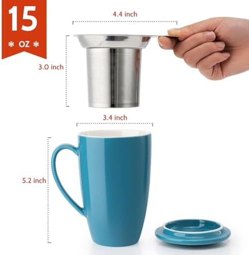 Sweese 15 OZ Porcelain Tea Mug with Infuser and Lid, Loose Leaf Tea Cup, Gifts for Tea Lover, Steel Blue