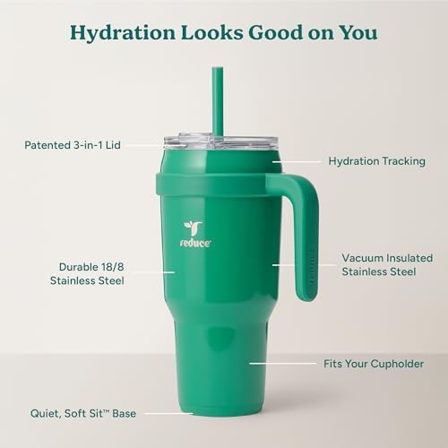 REDUCE 40 oz Stainless Steel Tumbler with Handle - Dual-Wall Vacuum Insulated Travel Mug, Sweat-Proof Lid & Reusable Straw - Keeps Drinks Cold for 24 Hrs, Fits Cupholders, Dishwasher Safe - Palm Leaf