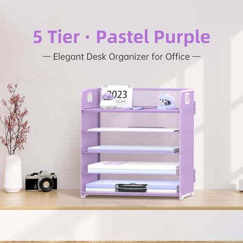 SUPEASY 2 Pack 5-Tier Purple Desk Organizer with Handle Mesh Desk File/Paper Organizer Letter Tray for Office, School and Home Easy Installation Purple Office Supplies