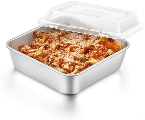 E-far 6 x 6-Inch Square Baking Pan with Lid, Small Stainless Steel Cake Brownie Pans Trays Dishes for Toaster Oven Air Fryer, Healthy & Dishwasher Safe - Set of 1(1 Pan + 1 Lid)