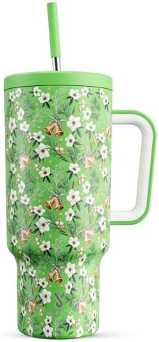 Meoky 40 oz Christmas Tumbler with Handle and Straw, Xmas Tumbler with Lid and Straw, Insulated Stainless Steel Travel Mug, for Women Men Adults (Jingle Bloom)