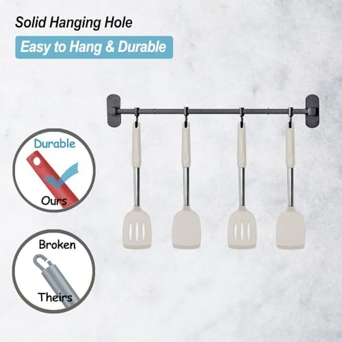 2 Pack Spatulas, Solid & Slotted Silicone Spatula Set, Stainless Steel Handle Coated with Silicone, Non Stick Turners, Heat Resistant Rubber Spatulas for Fish, Eggs, Pancakes, Khaki