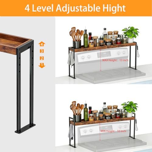 Spice Rack Shelf for 30-inch Kitchen Stove, Over the Stove Shelf with 4 Level Adjustable Height, Over Stove Spice Rack with 4 hooks, Rustic Brown + Black