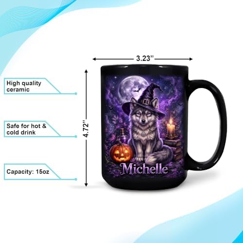 Hyturtle Personalized Halloween Wolf Mug, Custom Name Gift for Women