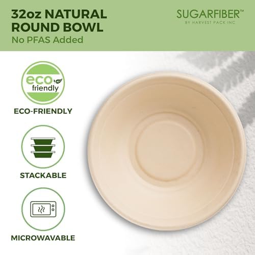 32oz Compostable Paper Bowls Disposable Round Natural Soup Bowls, 500 Count