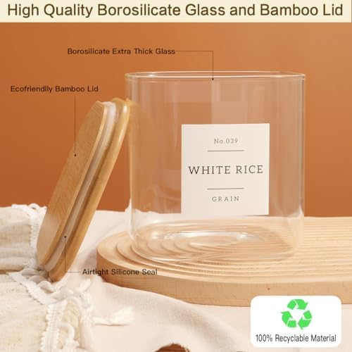 HHMJSM Large Glass Flour and Sugar Containers with 42 Kitchen Pantry Labels - 85 Oz Glass Food Storage Containers with Airtight Lids - Square Glass Jars with Bamboo Lids for Rice, Pasta, Cookies