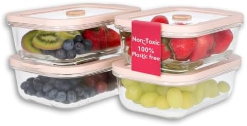 Non-Toxic Glass Food Containers with Lids, 4-Pack, 21 oz, Airtight, Beige