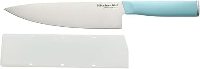 KitchenAid Classic Chef Knife with Custom-Fit Blade Cover, Sharp Kitchen Knife, High-Carbon Japanese Stainless Steel Blade, 8 Inch, Blue