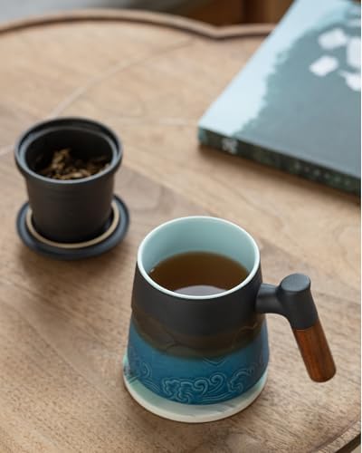 ZENS Tea Cup with Infuser and Lid & Coaster for Tea Steeper, 15oz Blue