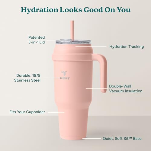 REDUCE 50 oz Stainless Steel Tumbler with Handle - Dual-Wall Vacuum Insulated Travel Mug, Sweat-Proof Lid & Reusable Straw - Keeps Drinks Cold for 24 Hrs, Fits Cupholders, Dishwasher Safe - Pink Clay