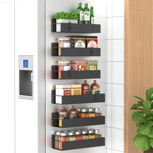 HuggieGems Metal Magnetic Spice Rack for Refrigerator Black, 6 Pack