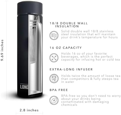 the London Sip Multi-Purpose Travel Mug and Tumbler Fruit Infused Flask Hot and Cold Double Wall Stainless Steel Thermos with Extra-Long Infuser, Zen Black, Pack of 2