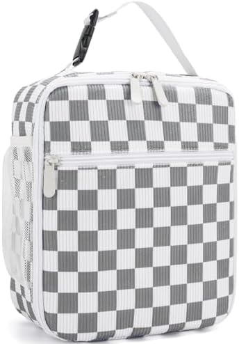 Lunch Box for Women Men Adult Insulated Lunch Bag Women Men Small Reusable Lunchbox for Work Picnic Travel (Gray-White Plaid)