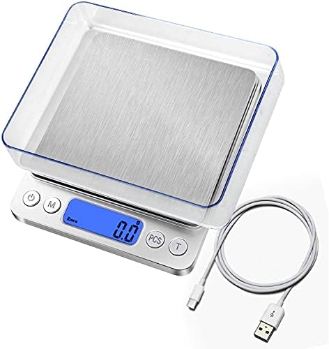 Food Scale, Rechargeable Kitchen Scale with Trays 3000g/0.1g, Mini Scale with Tare Function Digital Scale Grams and Ounces for Weight Loss, Dieting, Cooking, Meal Prep, Coffee, Jewelry