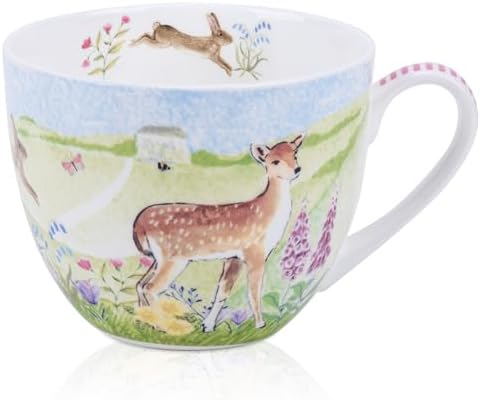 20 oz Deer & Wildflower Coffee Mug, Premium Bone China Cottage Garden Coffee Cup with Rabbit & Butterfly, Thoughtful Gifts for Mom Women Mothers Day, Designed in England by Harvest Green Studio