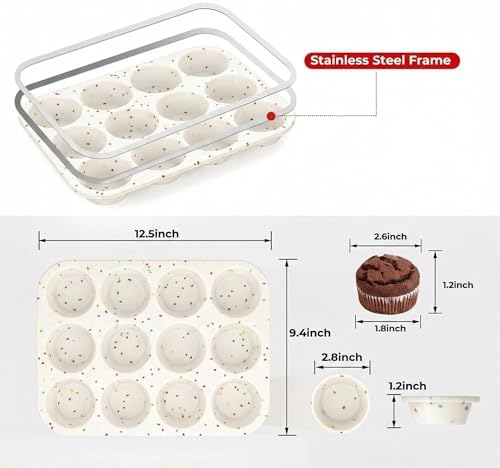Silicone Muffin Pan for Baking: 12 Cup Muffin Pan with Metal Reinforced Frame, Regular Size Cupcake Egg Bites Molds for Baking, BPA Free Silicone Muffin Tray, Dishwasher Safe (1 Pack, White)
