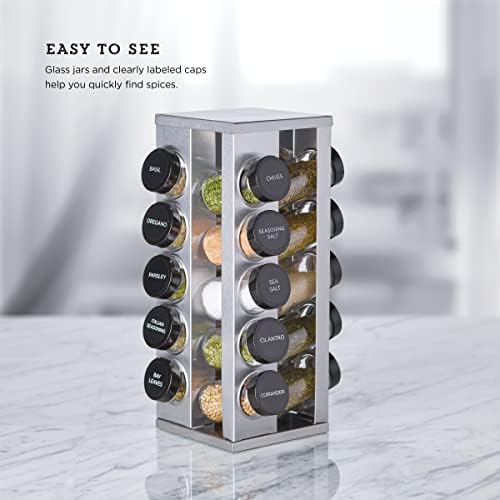 Kamenstein 20 Jar Heritage Revolving Countertop Spice Rack Organizer with Spices Included, FREE Spice Refills for 5 years, Brushed Stainless Steel with Black Caps (Pack of 3)