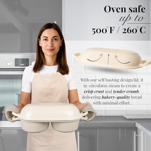 Dutch Oven For Sourdough Bread Baking – Enamelled Cast Iron Bread Loaf Pot – 500°F Oven Safe Non Stick Bread Pot – Double Round Loaf Space, 16.5cm Diameter, Cream, – by Nuovva