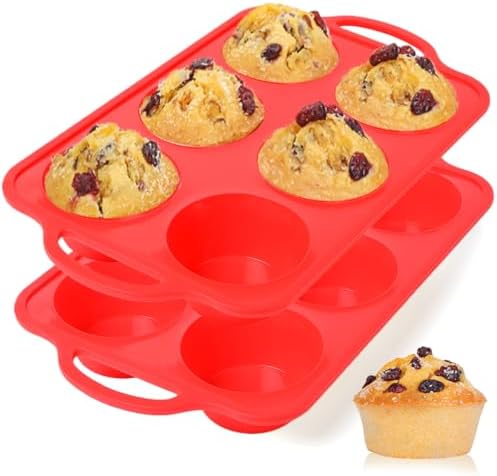 CAKETIME Jumbo Muffin Pan, 3.5 Inch Large Muffin Pan with Metal Reinforced Frame 6 Cup Silicone Jumbo Cupcake Pans for Baking Easy to Handle 2 Pack Red