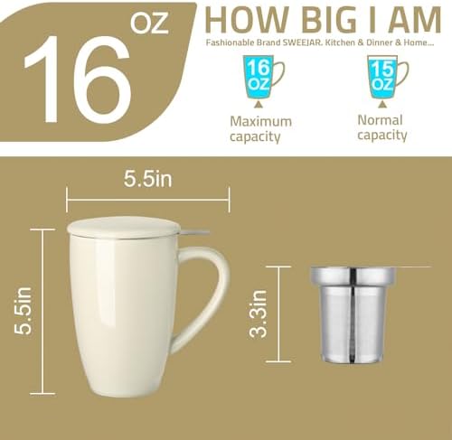 Sweejar Porcelain Tea Mug with Infuser and Lid,Teaware with Filter, Loose Leaf Tea Cup Steeper Maker, 16 Fl Oz for Tea/Coffee/Milk/Women/Office/Home/Gift (Beige)