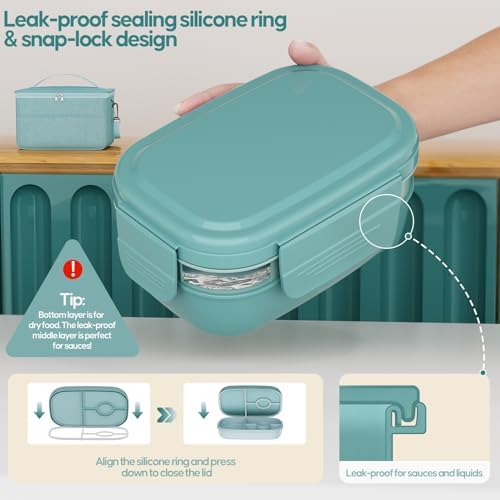 Adults Bento Lunch Box Set with Lunch Bag-3-Tier Stackable Leak-Proof Green
