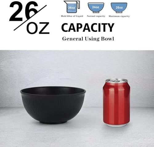 Wrova Wheat Straw Bowls Set of 8, Black Plastic Bowls Reusable 26 OZ
