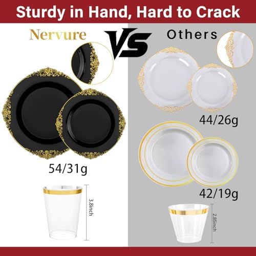 Nervure 350Pcs Black Plastic Plates, Plastic Dinnerware Set for 50 Guests