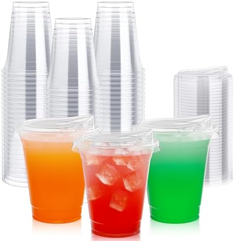 Lilymicky 100 PACK 12 oz Clear Plastic Cups With Sip Lids, Strawless Lids