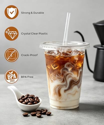 Ginkgo 50 Pack 16 oz Clear Plastic Cups with Lids and Straws