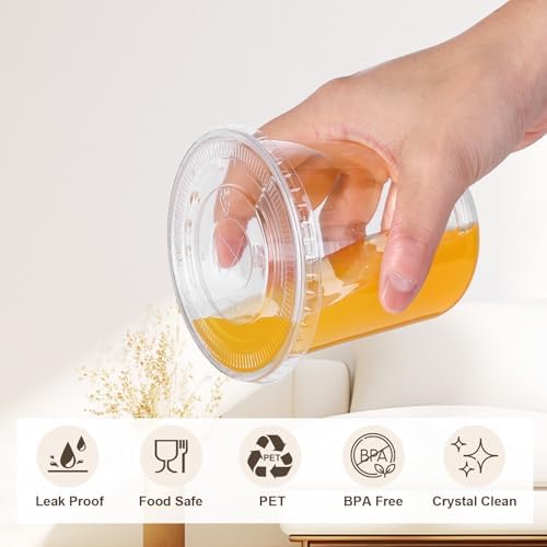 tchrules 100 Set 12oz Clear Plastic Iced Coffee Cups with Lids and Straws