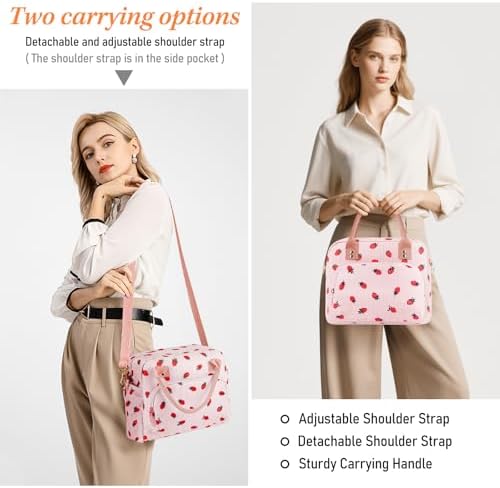 Lunch Bag Large Insulated Lunch Box for Women Adult Cute Pink Strawberry Lunchbox Corduroy Lunch Bags Boxes Pail with Shoulder Strap for Work Mom Picnic Office Travel 11.4×6.8×9.1 inches 11.5L