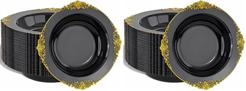 Nervure 50PCS Black Plastic Bowls with Gold Rim - 12oz Disposable Soup Bowls, Heavy Duty Salad Ice Cream Bowl Perfect For Weddings, Parties and Halloween (Pack of 2)