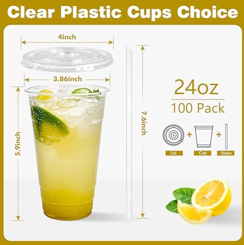 Charmount 24 oz Clear Plastic Cups with Lids and Straws