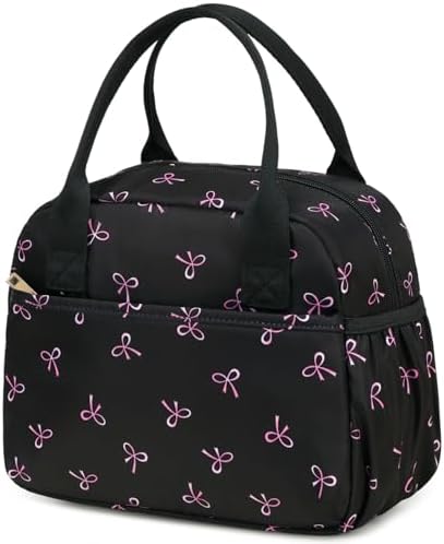 CAMTOP Lunch Box for Women Men Insulated Lunch Bag Lunch Tote Bag Leakproof Thermal Cooler Large Capacity for Travel Work School Picnic (Black Pink Bow)