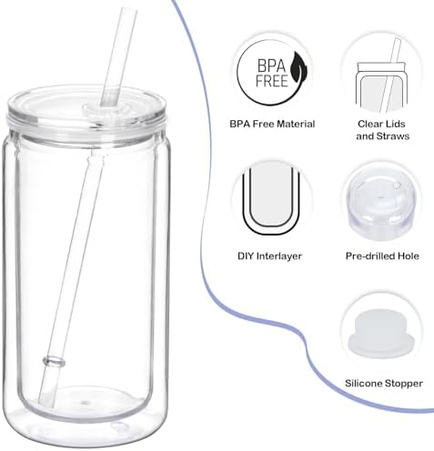 8 Pack plastic Snow Globe Tumbler, 16 Oz Double Wall Plastic Can with Lid and Straw, Mason Jar Mug for Snow Globe Glitter DIY Gift (Clear)