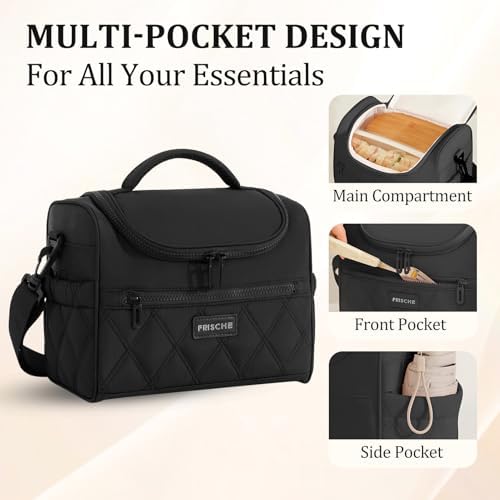 Insulated Lunch Bag Women Men Leakproof With Cup Holder, Black