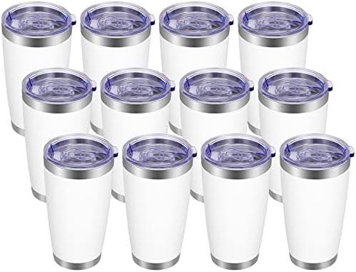 VEGOND 20oz Tumbler with Lid and Straw Stainless Steel Tumbler Cup Bulk Vacuum Insulated Double Wall Travel Coffee Mug Powder Coated Coffee Cup, White, 12 Pack