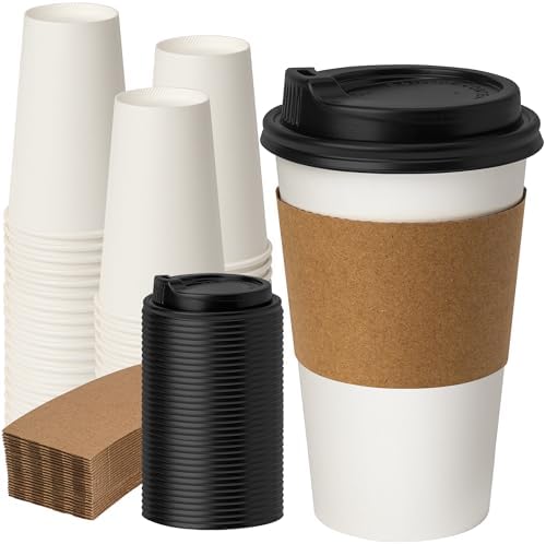 RACETOP 16 oz 50 Pack Disposable Paper Coffee Cups with Lids and Sleeves