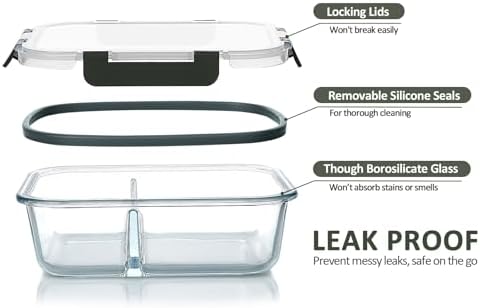 M MCIRCO 10 Pack,30 oz, 2 Compartments Glass Meal Prep Containers with Lids