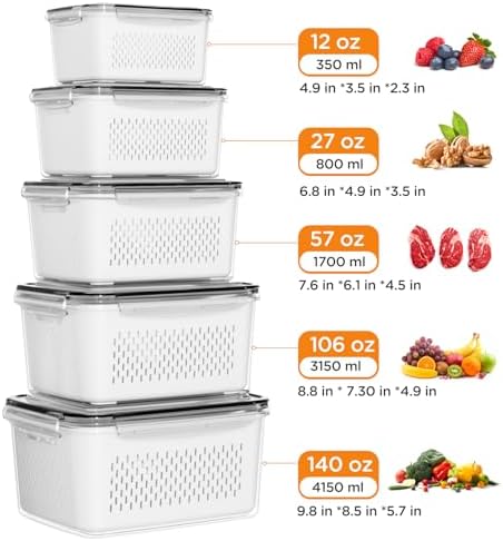 5-Pack Fruit Storage Containers for Fridge with Removable Colanders, 4 in 1 Produce Storage Containers with Lids, Leakproof Fridge Organizer Bins for Salad Berry Lettuce Vegetables Meat Keeper Fresh