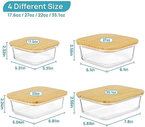 Vtopmart 4 Pack Glass Food Storage Containers with Bamboo Lids Meal Prep