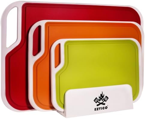 Large Cutting Board 17.5" x 12" Set of 3 with Storage Stand – Extra Large BPA Free Plastic Cutting Boards for Kitchen – Non Slip Chopping Boards with Juice Groove & Easy Grip Handles – Dishwasher Safe