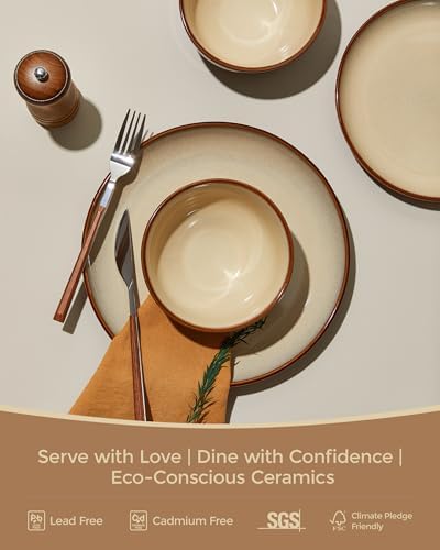 Pokini Stoneware Dinnerware Sets for 6, 24pcs Plates and Bowls Sets Dishes