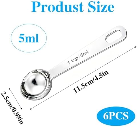 6PCS Measuring Spoons Set(1 Tsp, 5ml), Teaspoon Measuring Spoons Stainless Steel Short Compact Kitchen Scoops for Spices, Baking, and Everyday Cooking