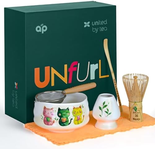 Aprika Life Matcha Whisk Set 6 Pcs - Ceramic Matcha Bowl, Bamboo Whisk, Matcha Whisk Holder, Scoop, Sifter & Tea Cloth - Traditional Handmade Matcha Set - Unfurl Matt White with Cat print