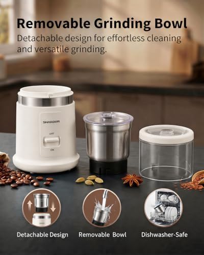 SHARDOR Quiet Coffee Grinder Electric, 70g Removable Bowl Spice Grinder for Coffee Beans, Seeds and Grains, Super Silent Grinding Mill with 60dB Low Noise, 2.5oz Capacity, White