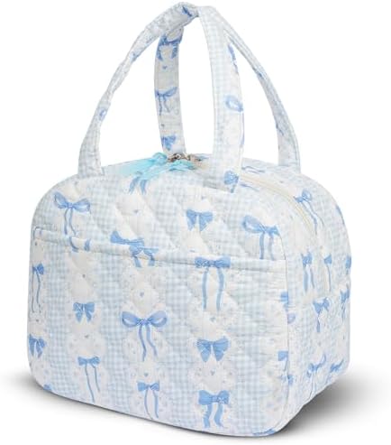 WOBAGMEN Quilted Lunch Box for Women,Coquette Aesthetic Lunch Box for Teen Girls,Cute Floral Lunch Bags for Work, School,Office,Picnic,Travel (Blue Bow)