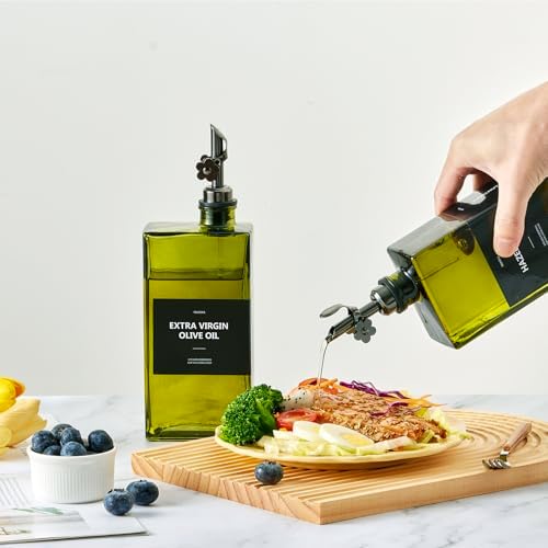 Olive Oil Dispenser Bottle for Kitchen, 16.9oz /500ml Cooking Vinegar Dispenser Bottle Set, Glass Sauce Container, Labels, Brush, Funnel, Stoppers, Green for Oil, Wine